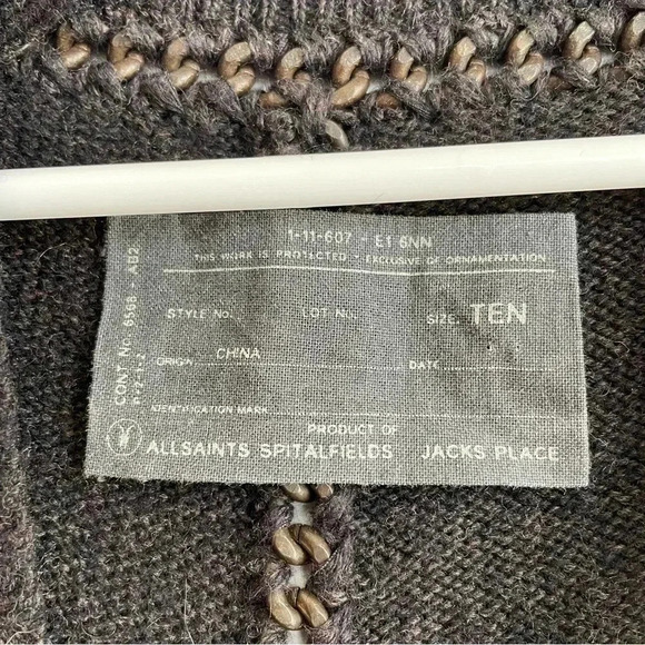 ALL SAINTS Spitalfields from Wasteland Chain Trim Cardigan Gray Wool Cashmere 10 - Picture 9 of 11